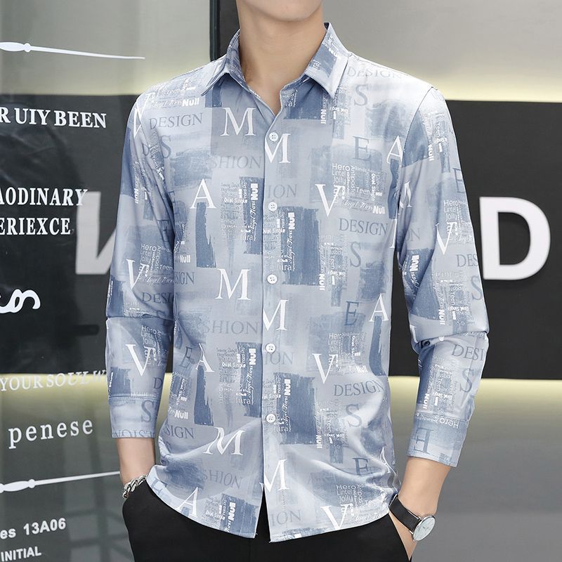 Autumn new long-sleeved shirt men's non-ironing anti-wrinkle loose shirt Korean printing inch clothing fashion trend coat