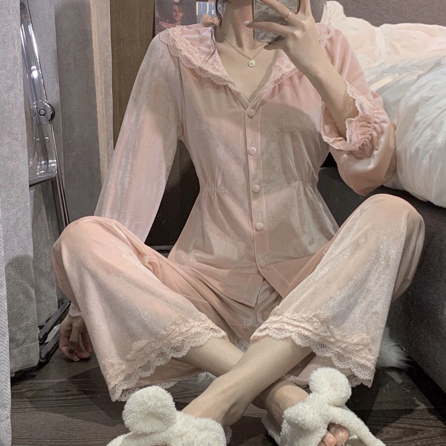 Princess wind gold velvet pajamas women's winter 2021 new temperament sweet long-sleeved trousers home service two-piece set