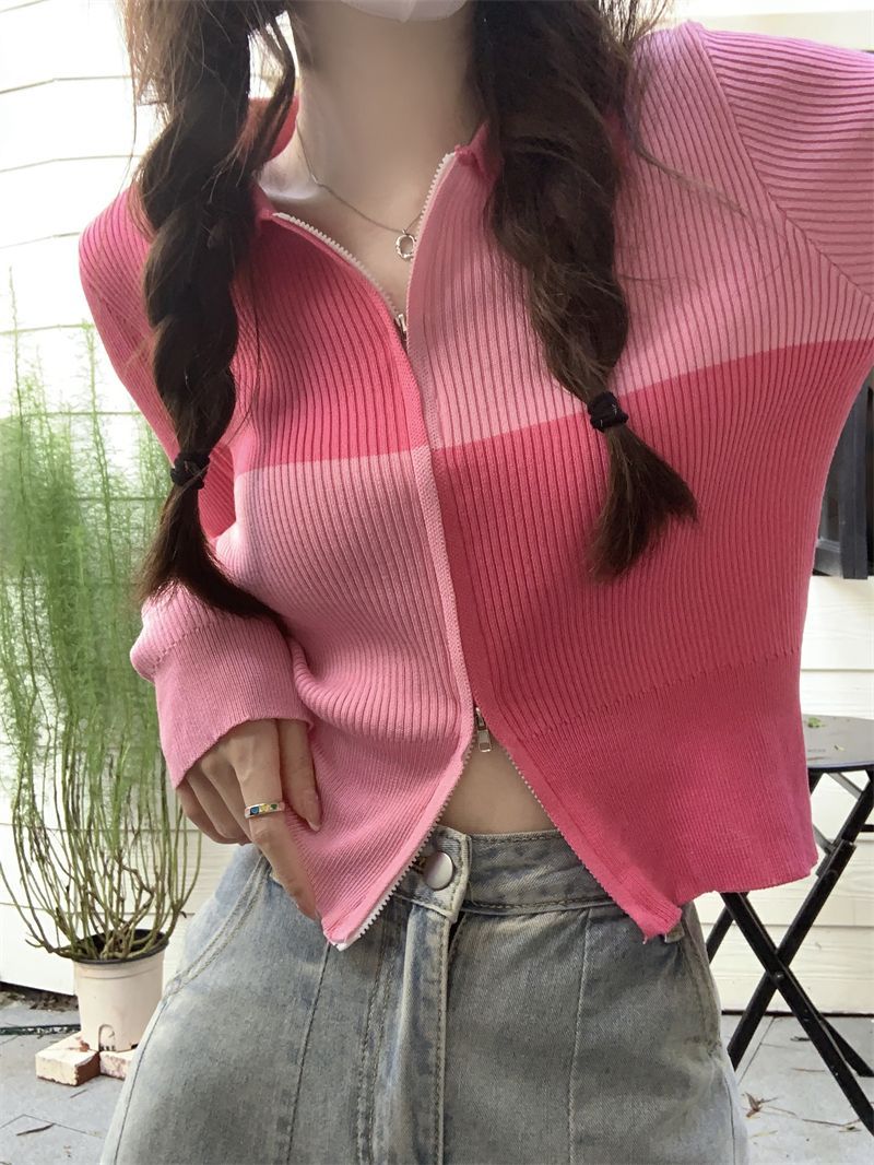 Contrast color design long-sleeved knitted sweater for women autumn 2022 new double zipper sweet and spicy short cardigan top