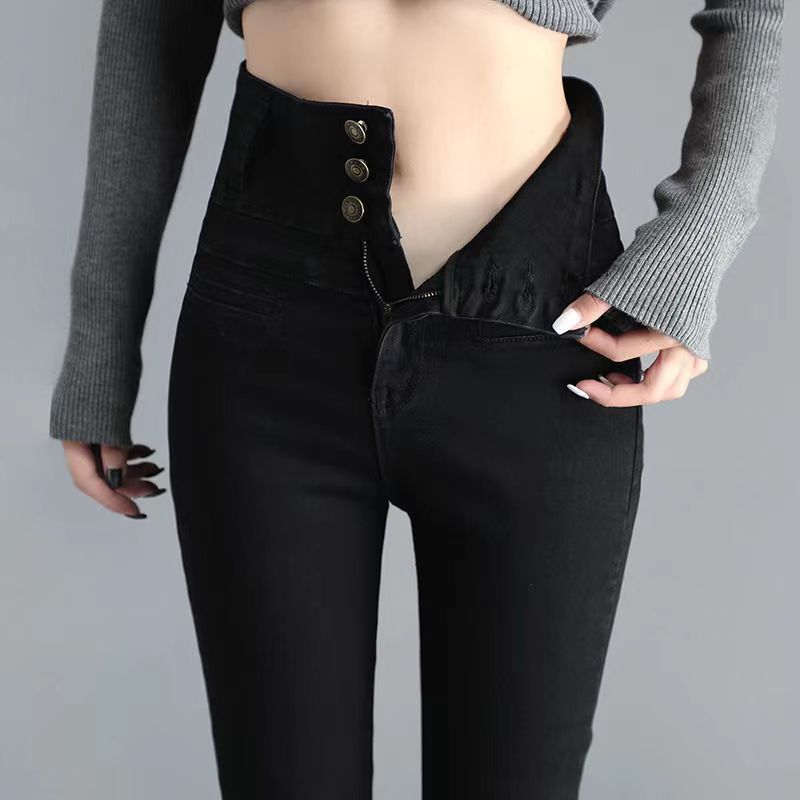 3-breasted black plus velvet thickened high-waisted jeans women's new stretch slim fit skinny skinny pants trousers