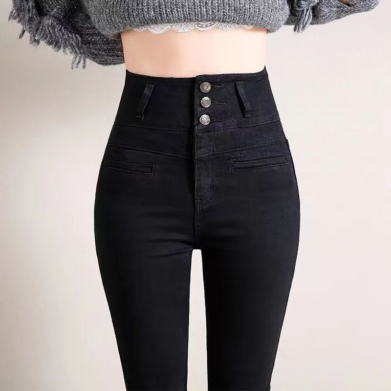 3-breasted black plus velvet thickened high-waisted jeans women's new stretch slim fit skinny skinny pants trousers
