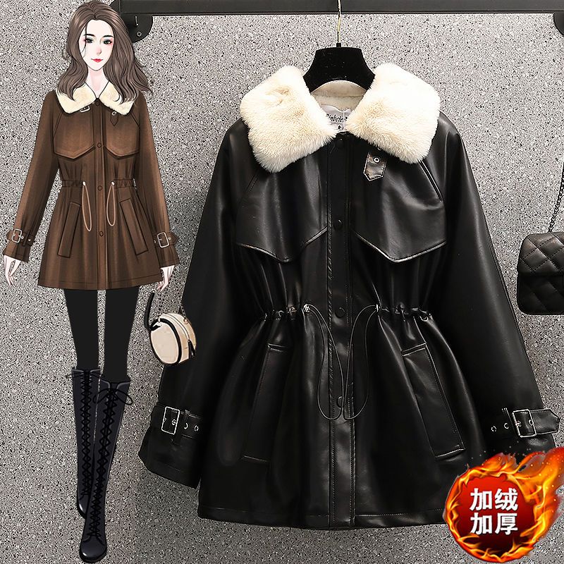 Plus size women's winter new style fat girl fashion temperament waist-cinching fur all-in-one motorcycle plus velvet leather jacket trendy