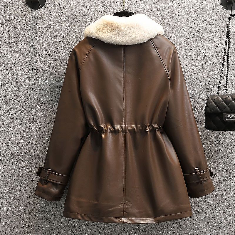 Plus size women's winter new style fat girl fashion temperament waist-cinching fur all-in-one motorcycle plus velvet leather jacket trendy