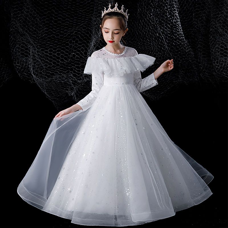 Girls dress princess dress long-sleeved little girl flower girl wedding dress children high-end host piano performance evening dress