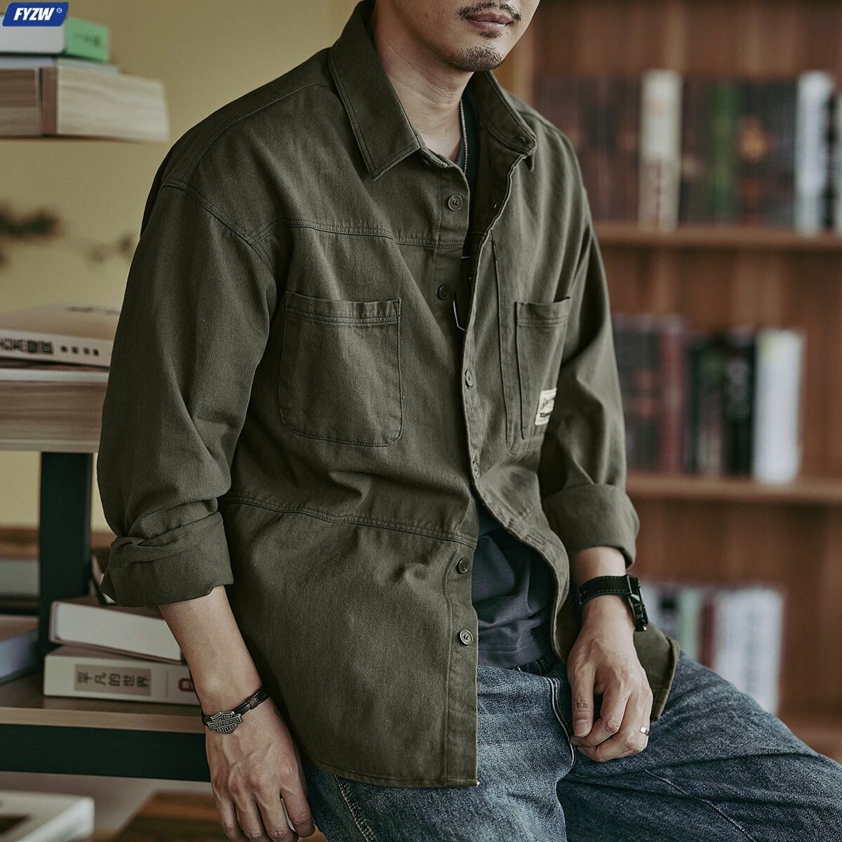 FYZW/Fang Yazhi Wang 100% Cotton Retro Tooling Shirt Men's Long-sleeved Jacket Spring and Autumn Outer Wear Shirt Fashion
