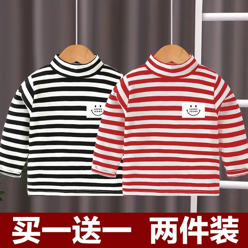 兒童德絨條紋長袖t恤韓版春秋冬裝新款中小童上衣男女童打底衫潮T