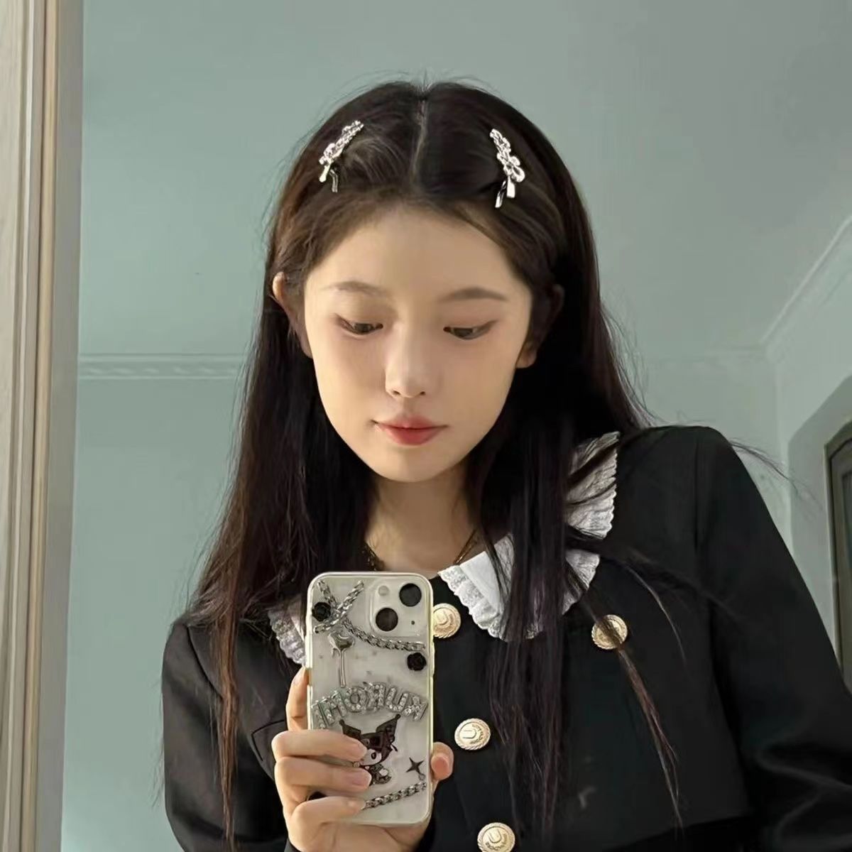 韓系小眾銀色金屬花朵髮夾水鑽側邊夾劉海夾一字夾碎髮夾少女髮飾