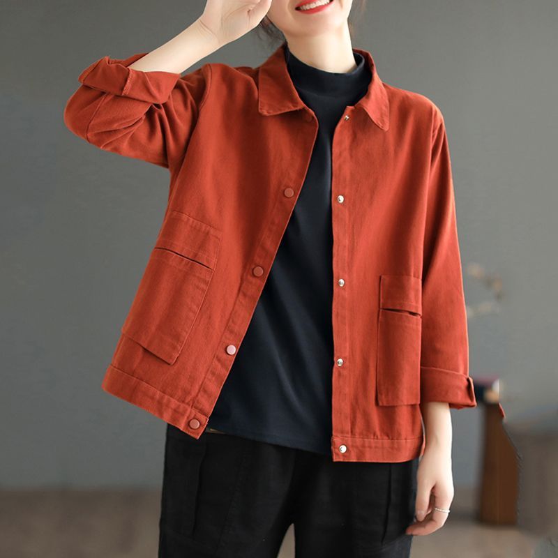 Pure cotton washed cotton solid color workwear short jacket for women autumn new commute simple large size casual top