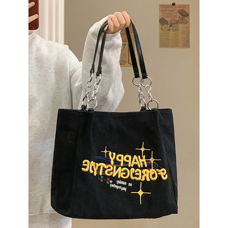 Canvas Bag Women's High Capacity 2022 New Fashion Summer Contrast Shoulder Bag Textured Classroom Commuting Tote Bag