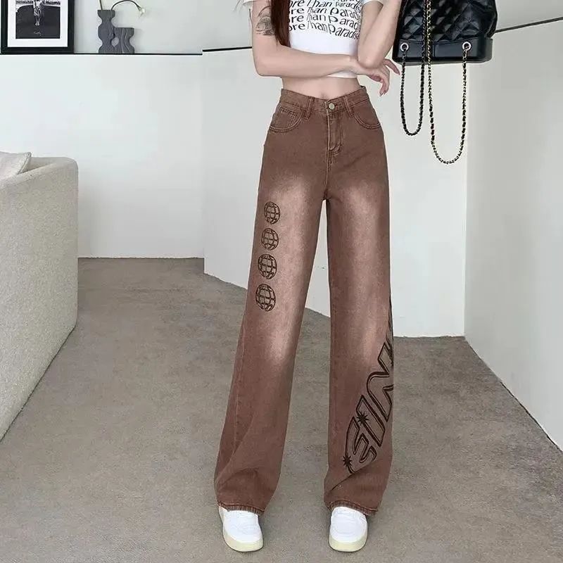 European and American style brown printed jeans women's new high waist loose slim wide leg straight long trousers vibe high street