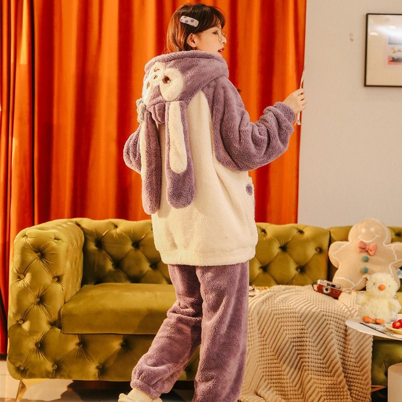 Coral fleece pajamas women's autumn and winter thickened plus velvet sweet and cute home service flannel can be worn outside warm suit