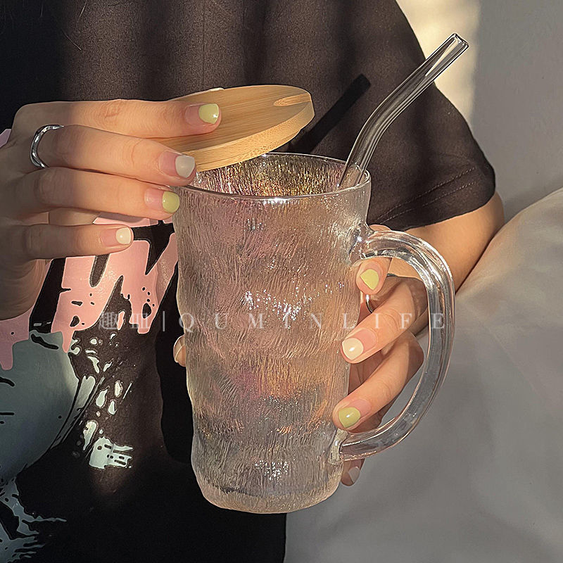 趣皿*ins风磨砂玻璃杯带把手喝水杯子家用办公室水杯带盖果汁杯