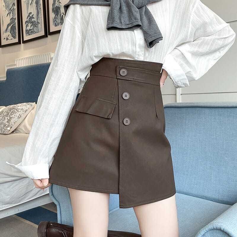 Irregular leather skirt, skirt, autumn and winter 2023 new high-waisted A-line skirt, fashionable hip-covering skirt, versatile slimming short skirt