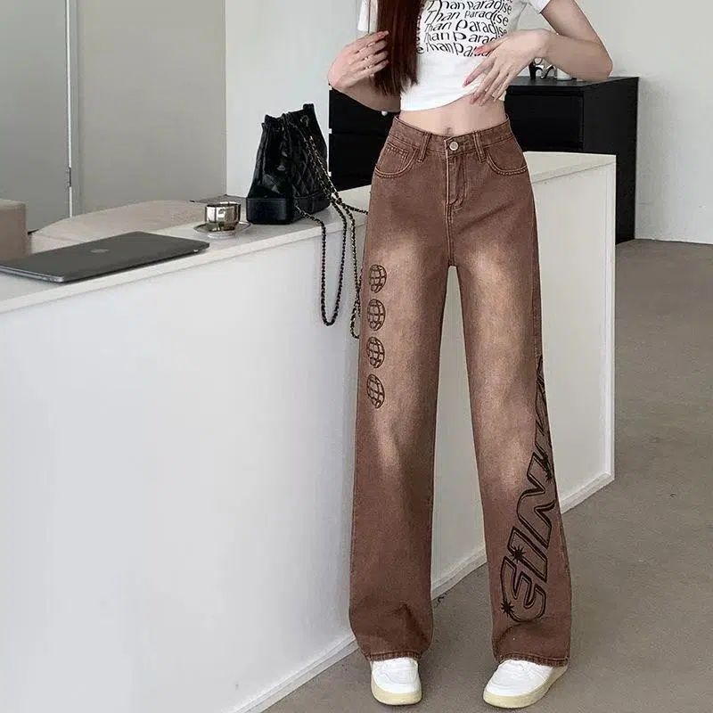 European and American style brown printed jeans women's new high waist loose slim wide leg straight long trousers vibe high street