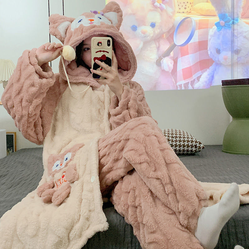 珊瑚絨長款睡袍女士睡衣秋冬季加厚加絨可愛卡通法蘭絨家居服套裝