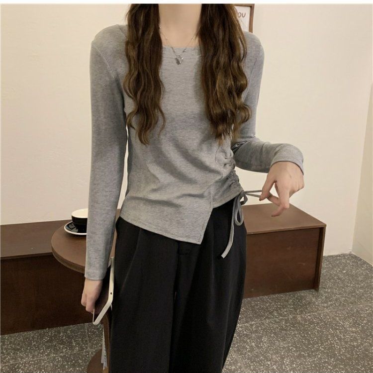 Irregular niche design sense drawstring bottoming shirt front shoulder long-sleeved T-shirt women's inner wear short section small high-profile top