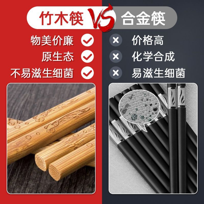 【10双-100双】日用纯天然高档防菌防烫竹节食品级一家人筷子家用