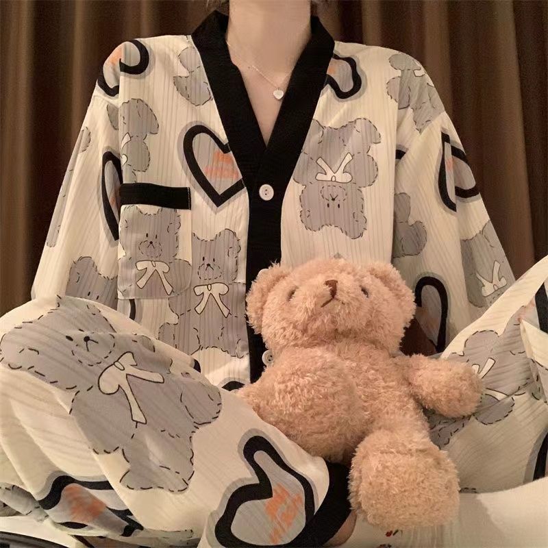 日系春秋睡衣女開衫ins甜美學生小熊可愛卡通可外穿冬家居服套裝