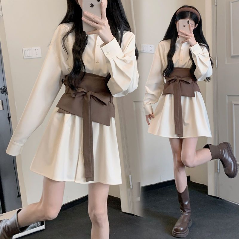 秋季連衣裙女2022新款韓版優雅氣質寬鬆顯瘦高腰收腰襯衫裙學生潮
