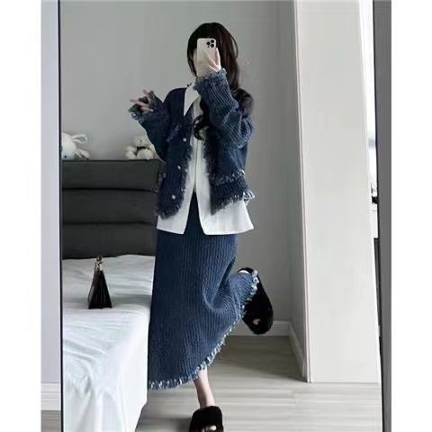 High-end raw edge long-sleeved jacket fashionable two-piece suit spring and autumn new design high-waisted half-length skirt for women