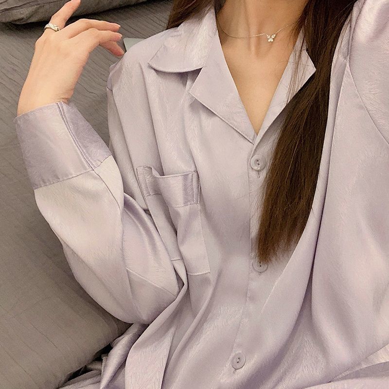 春秋夏季新款高級感冰絲睡衣女士冬天簡約大碼仿真絲綢家居服套裝