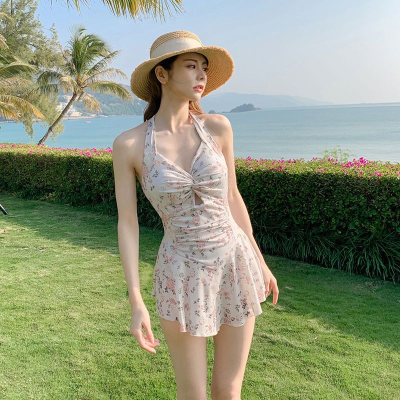 Dress-style swimsuit female broken flower  new ins style small chest pure desire hanging neck hot spring high-end swimsuit