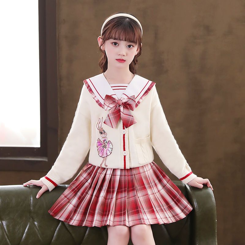 女童春裝jk套裝2023新款女孩學院風韓版百褶裙毛衣開衫三件套洋氣