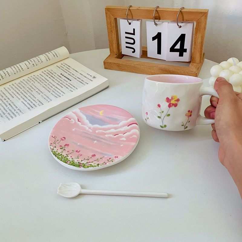 ins风粉色花朵晚霞花海咖啡杯碟高颜值设计感小众高级礼物下午茶