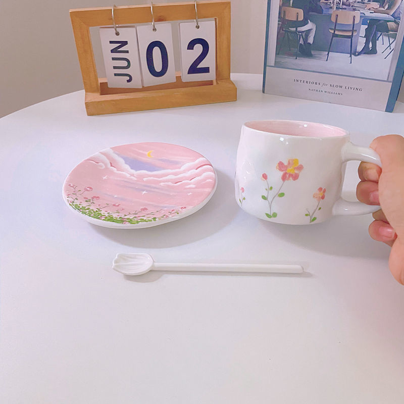 ins风粉色花朵晚霞花海咖啡杯碟高颜值设计感小众高级礼物下午茶