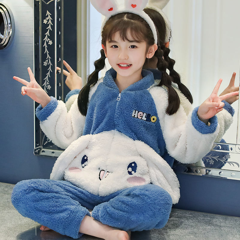 冬季兒童睡衣男女通用法蘭絨超萌卡通時尚拉鏈款套裝睡衣家居服