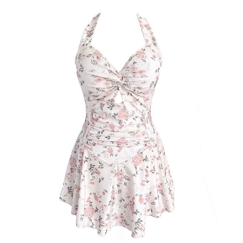 Dress-style swimsuit female broken flower  new ins style small chest pure desire hanging neck hot spring high-end swimsuit