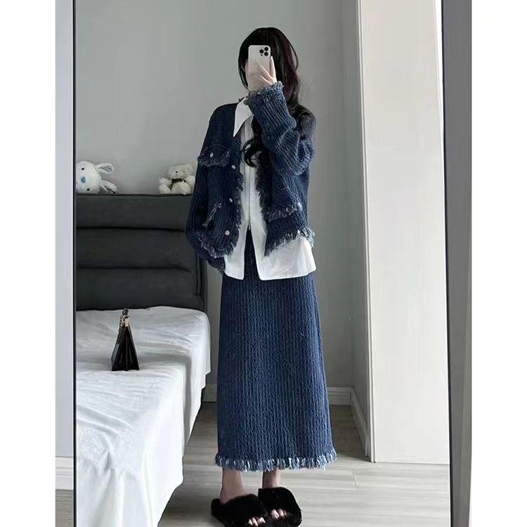 High-end raw edge long-sleeved jacket fashionable two-piece suit spring and autumn new design high-waisted half-length skirt for women