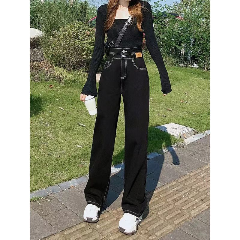 YSYOURS黑色闊腿牛仔褲女春秋高腰寬鬆顯瘦直筒大碼垂感拖地褲子