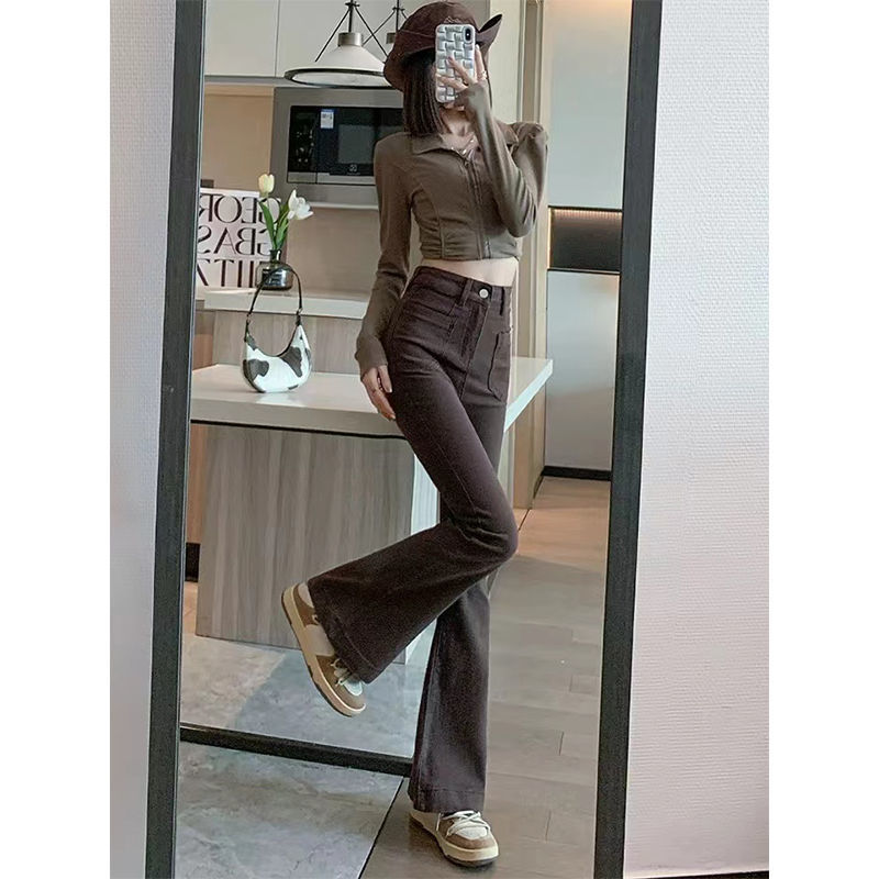YSYOURS辣妹美式微喇叭牛仔褲女春秋高腰顯瘦彈力大碼棕色拖地褲