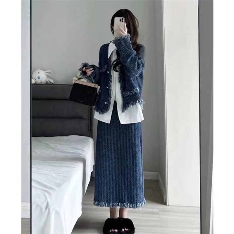 High-end raw edge long-sleeved jacket fashionable two-piece suit spring and autumn new design high-waisted half-length skirt for women