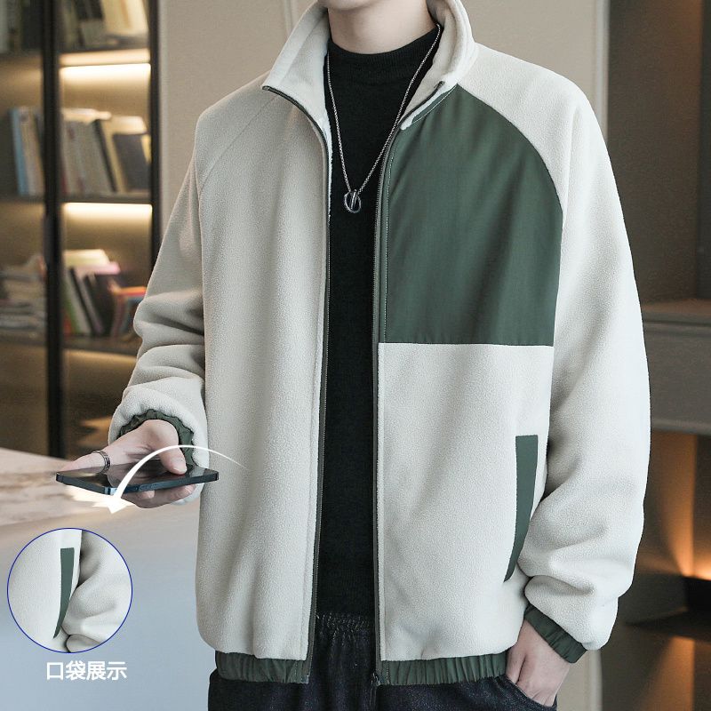 Men's Fleece Jacket For Spring, Autumn, And Winter, Casual, Thickened, Fleece-lined, Trendy, Versatile, Color-blocked,_voghion.com