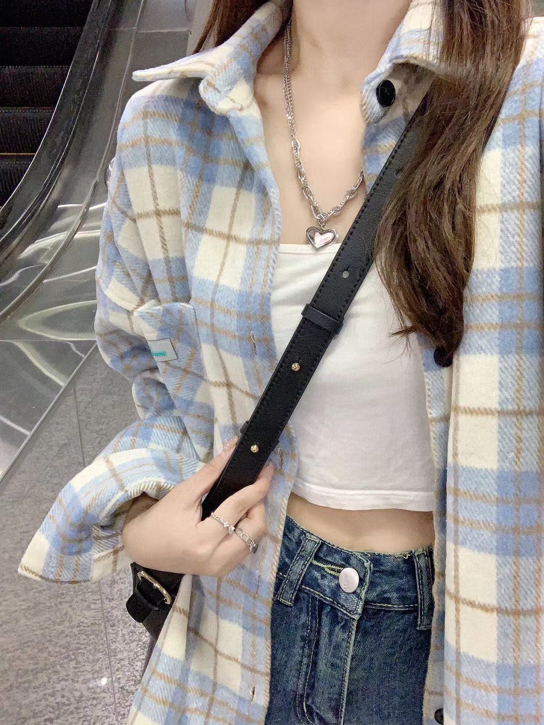 韓版藍色格子襯衫女設計感小眾寬鬆襯衣外穿港風百搭上衣春秋外套
