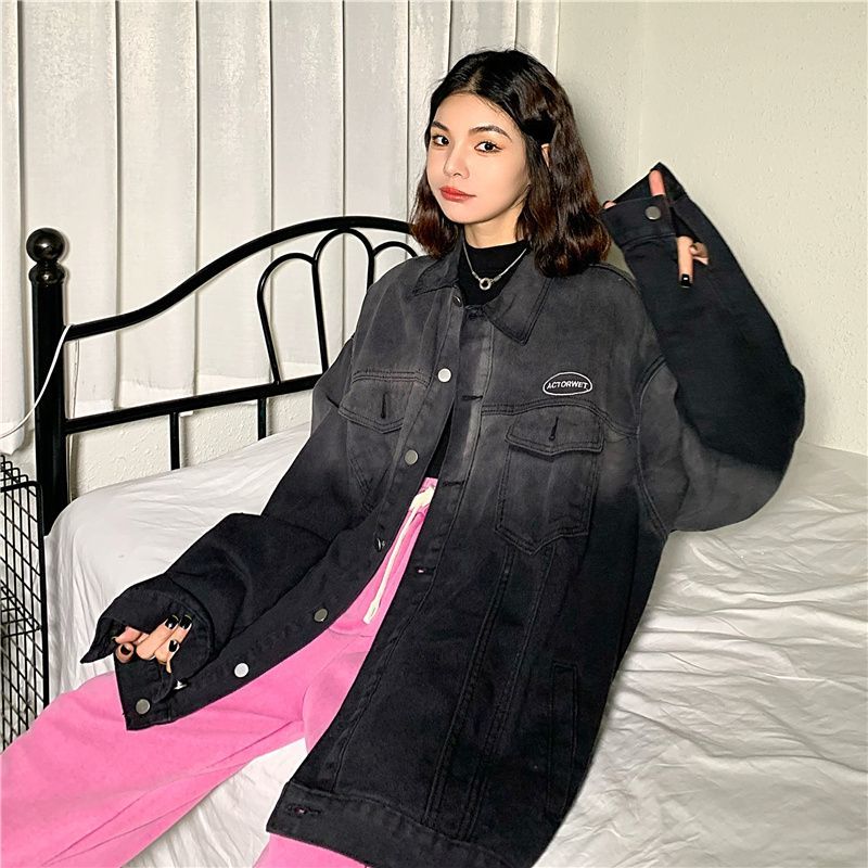 Black and gray gradient denim jacket female ins autumn rush new port style retro student jacket top