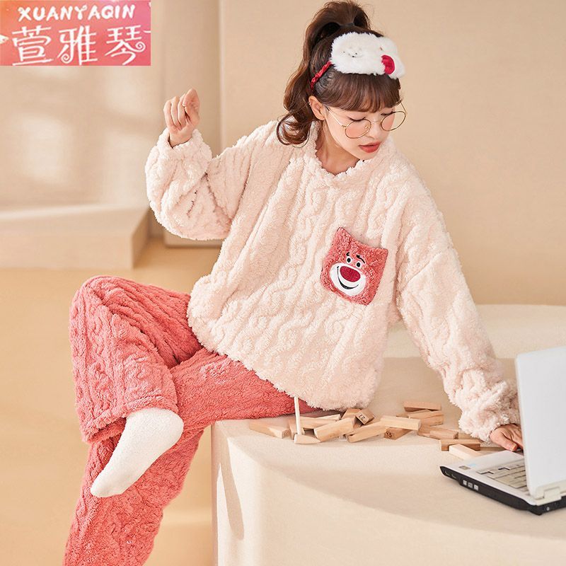 100% double-sided coral fleece pajamas women's winter long-sleeved thickened warm cartoon home service student large size suit autumn