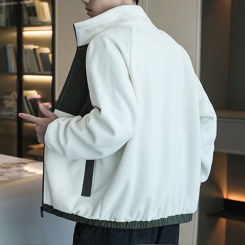Men's Fleece Jacket For Spring, Autumn, And Winter, Casual, Thickened, Fleece-lined, Trendy, Versatile, Color-blocked,_voghion.com