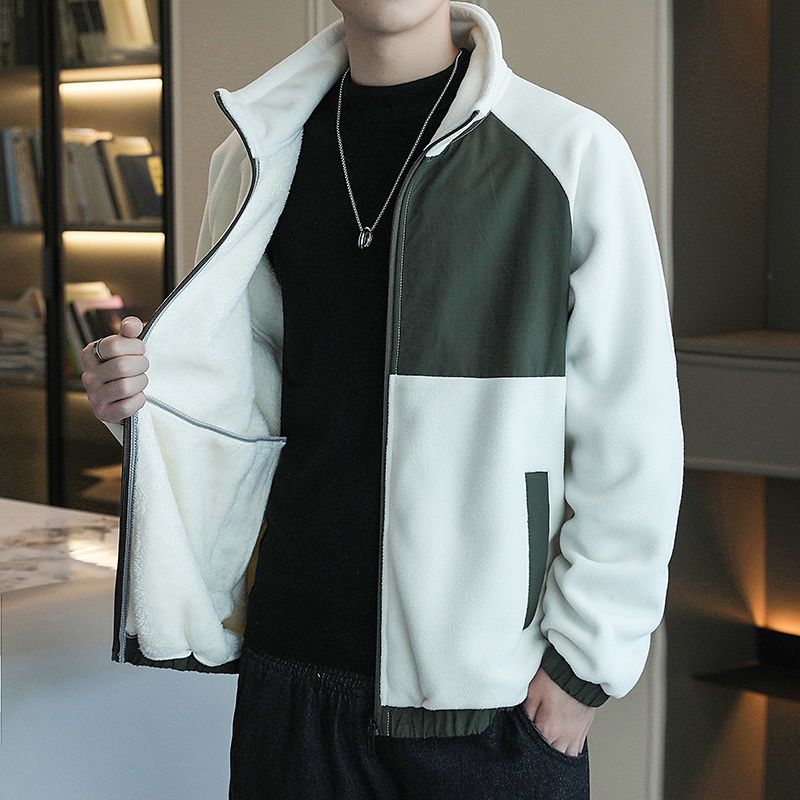 Men's Fleece Jacket For Spring, Autumn, And Winter, Casual, Thickened, Fleece-lined, Trendy, Versatile, Color-blocked,_voghion.com