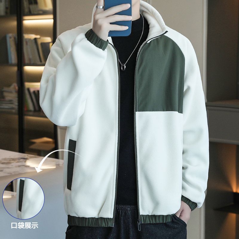 Men's Fleece Jacket For Spring, Autumn, And Winter, Casual, Thickened, Fleece-lined, Trendy, Versatile, Color-blocked,_voghion.com