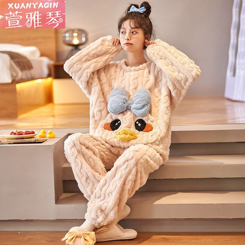 100% double-sided coral fleece pajamas women's winter long-sleeved thickened warm cartoon home service student large size suit autumn