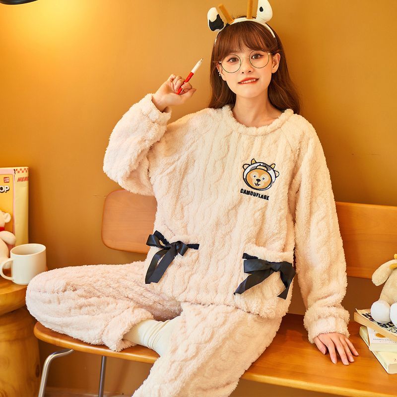 Coral fleece pajamas women's autumn and winter thickened cute cartoon bear loose student flannel large size home service suit