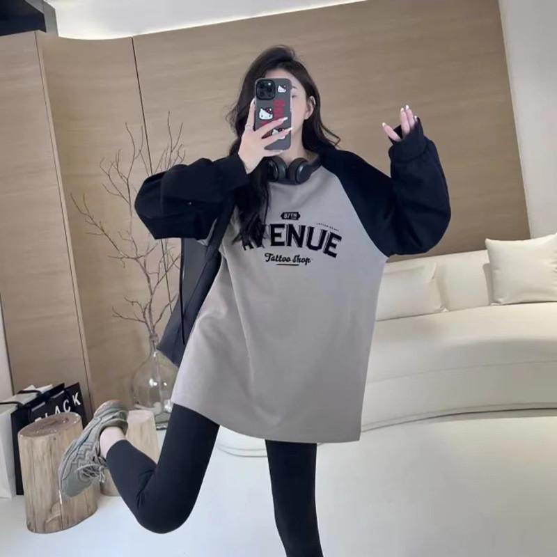 Pure cotton bottoming shirt loose belly cover American letter sweater women's autumn design loose mid-length top