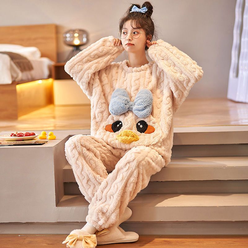 Coral fleece pajamas women's autumn and winter thickened cute cartoon bear loose student flannel large size home service suit
