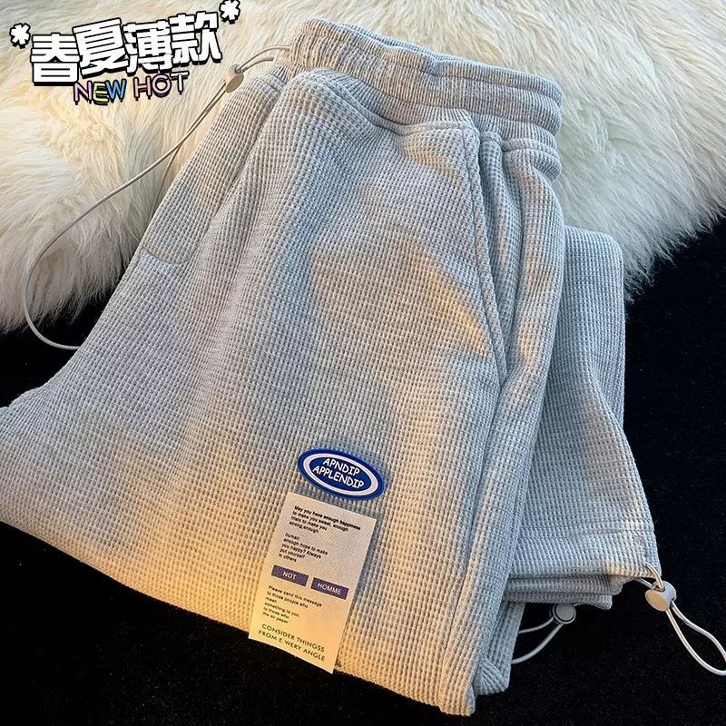 Waffle pants men's loose wide-leg straight sports casual pants labeling drawstring trousers men's spring and summer trendy brand