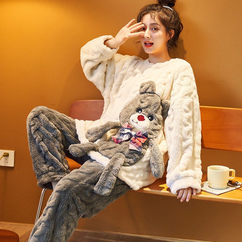 Coral fleece pajamas women's autumn and winter thickened cute cartoon bear loose student flannel large size home service suit