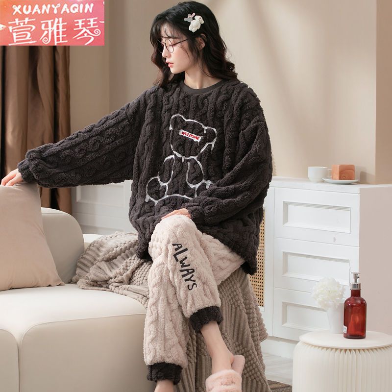 100% double-sided coral fleece pajamas women's winter long-sleeved thickened warm cartoon home service student large size suit autumn