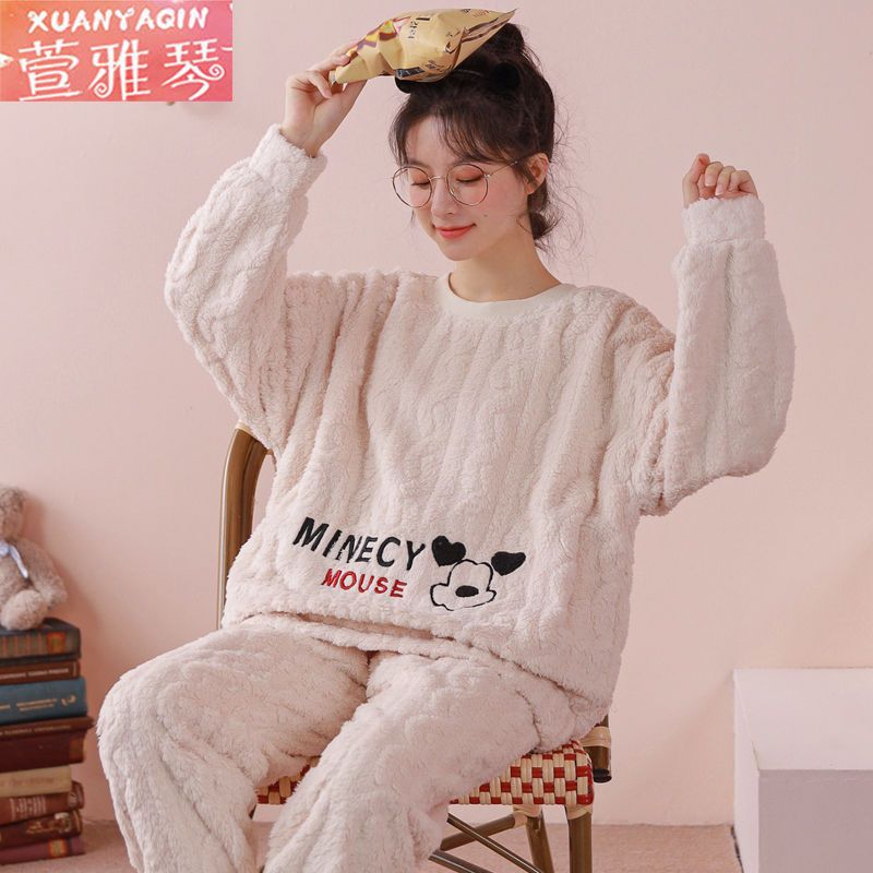 100% double-sided coral fleece pajamas women's winter long-sleeved thickened warm cartoon home service student large size suit autumn